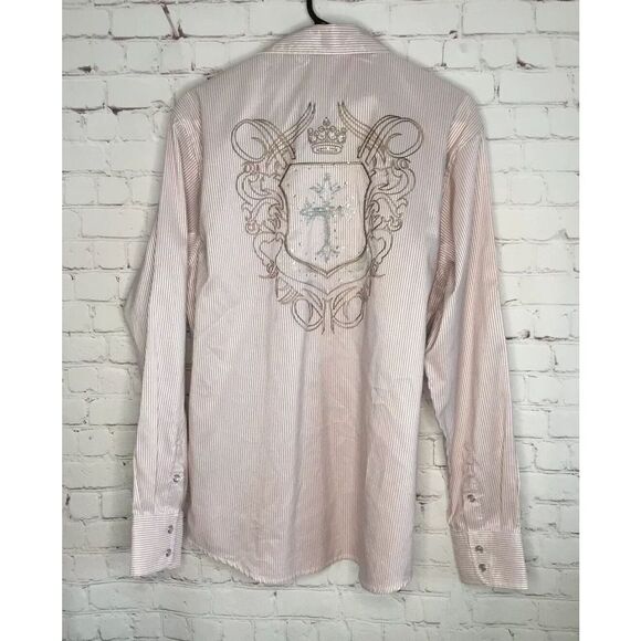 Platini Mens Large Shirt Button Down Long‎ Slv Cotton western cross embroidered - Picture 1 of 12